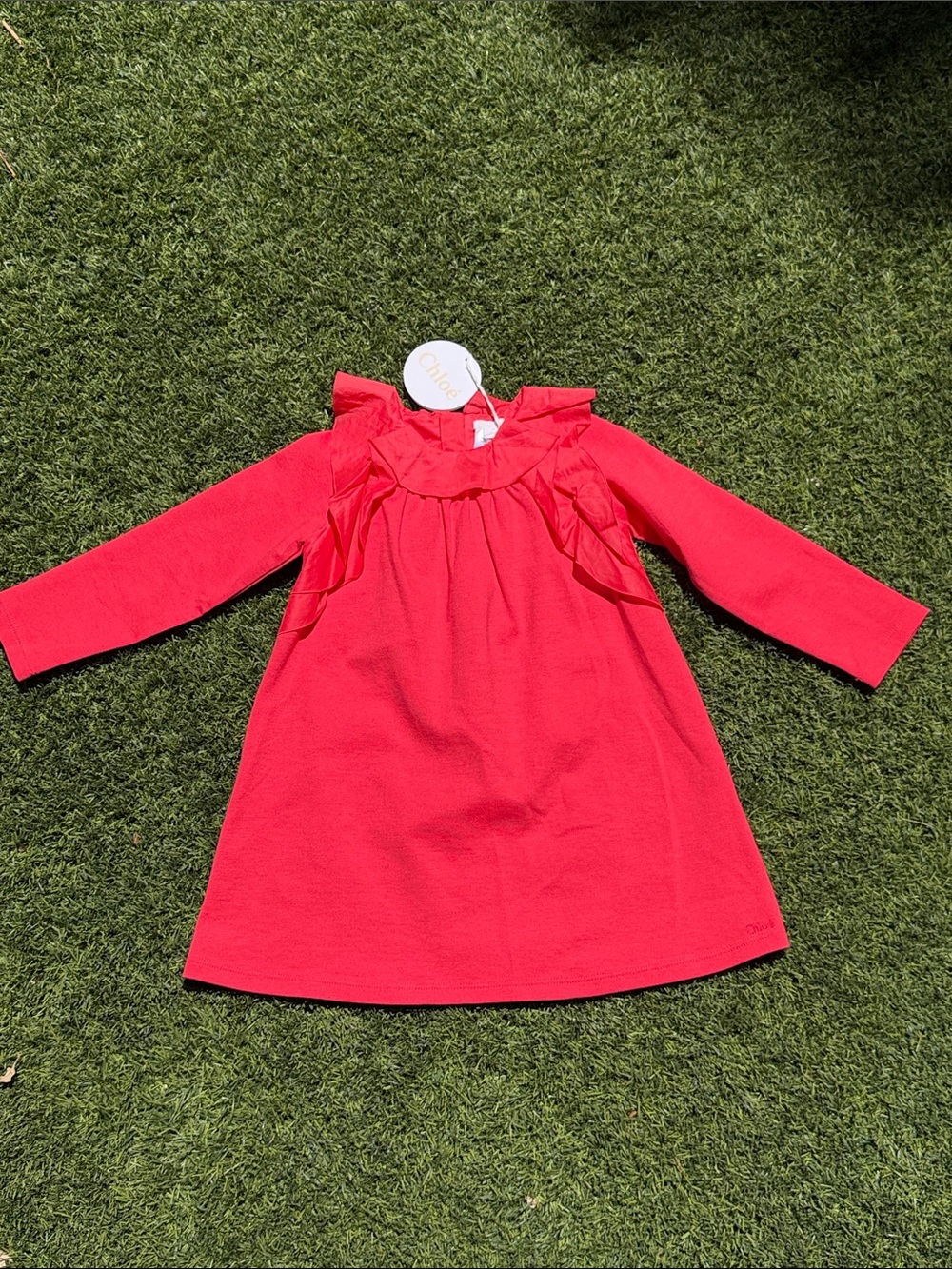 Chloe Coral Color Ruffle-Neck Long Sleeve Dress